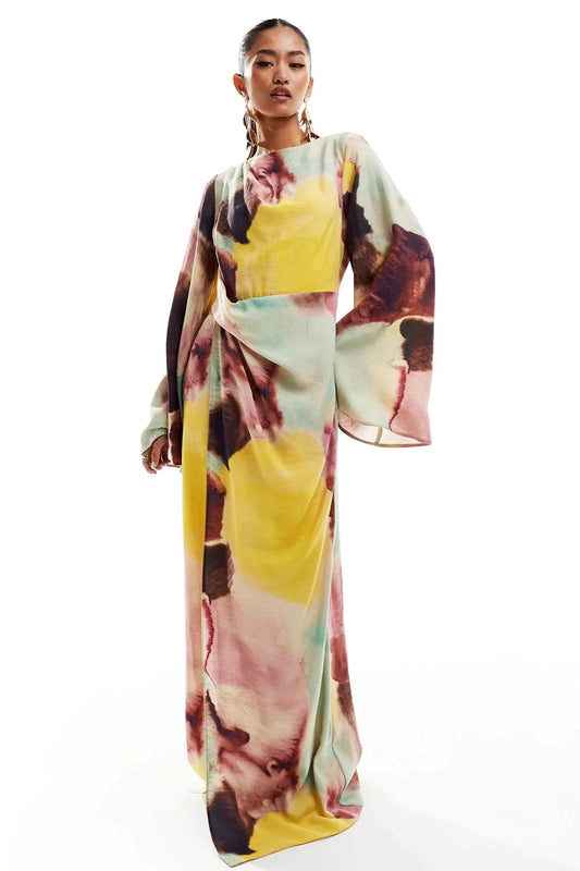 Ultra-Long Dress with Abstract Watercolor Design