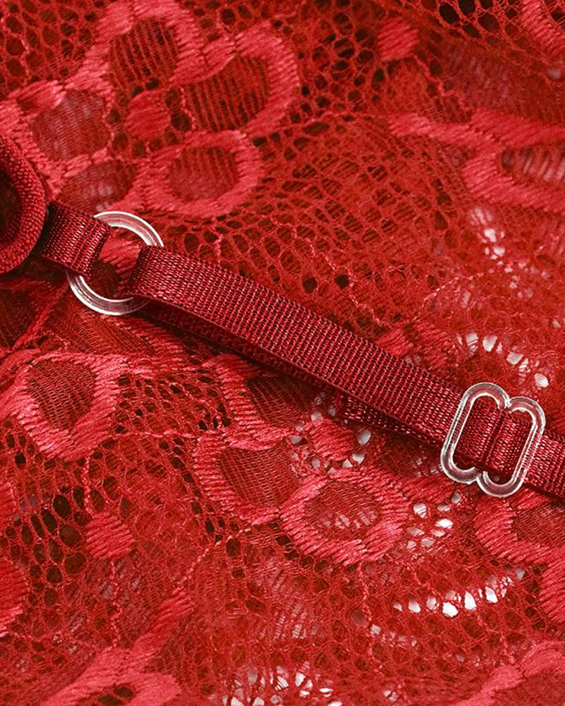 Seductive Deep V Floral Lace One-Piece Pajamas with Cross-Back and Open Crotch Design