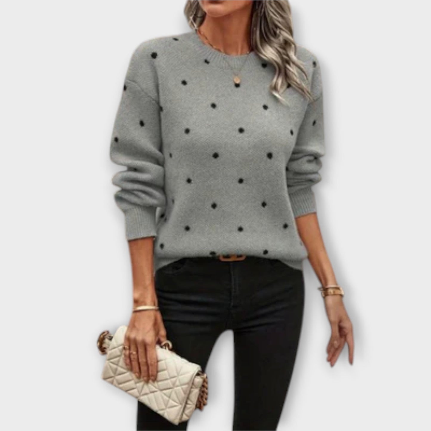 Ava - Cozy Long Sleeve Knitted Sweater with Polka Dot Design