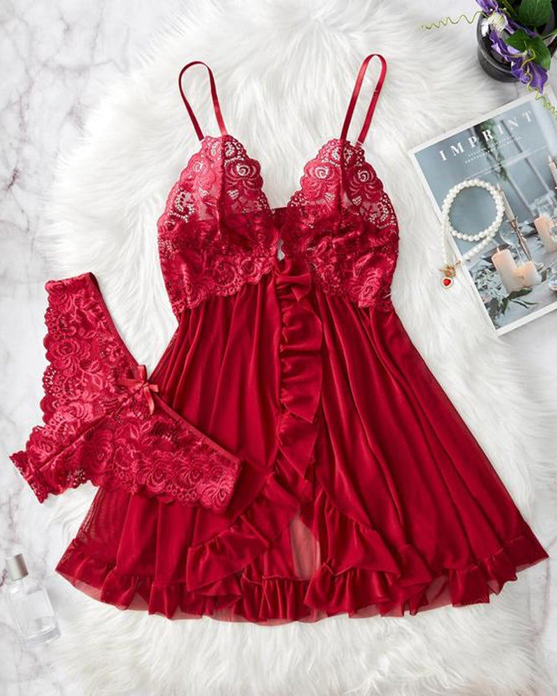 Lace Ruffle Suspender Nightdress and Panty Set for Women
