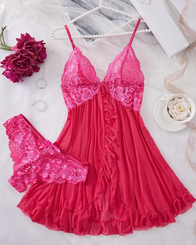 Lace Ruffle Suspender Nightdress and Panty Set for Women