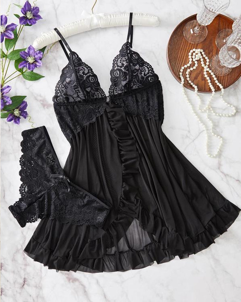 Lace Ruffle Suspender Nightdress and Panty Set for Women