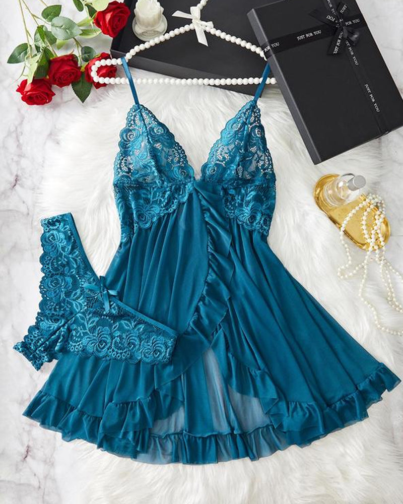 Lace Ruffle Suspender Nightdress and Panty Set for Women