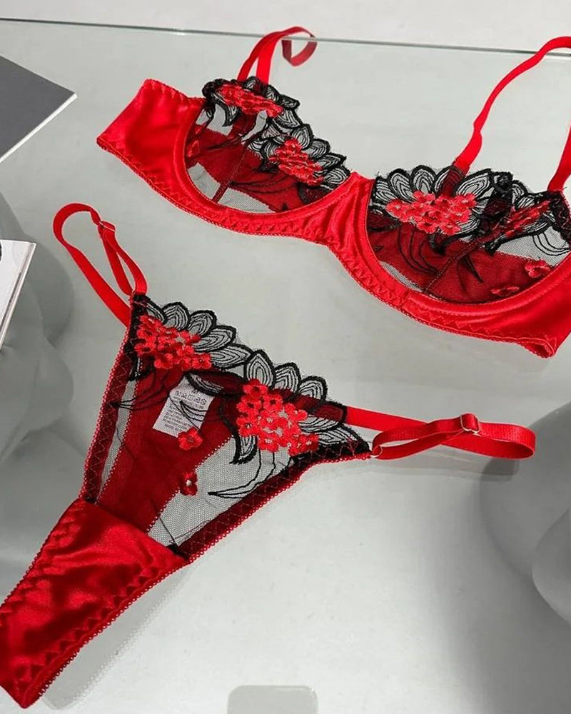 Chic Colorblock Floral Embroidered Underwire Mesh Bra Set