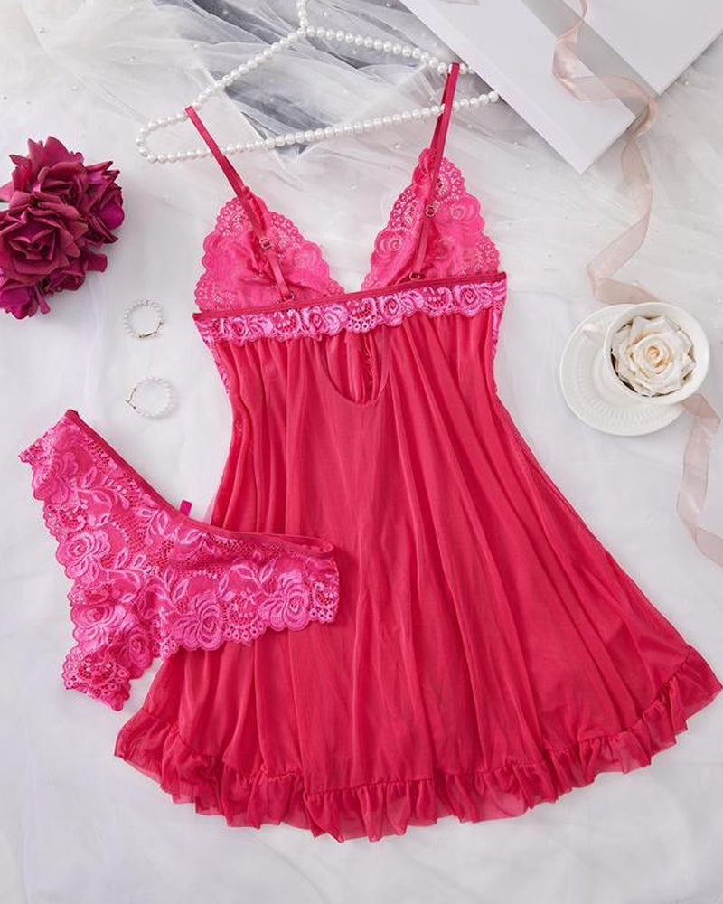 Lace Ruffle Suspender Nightdress and Panty Set for Women