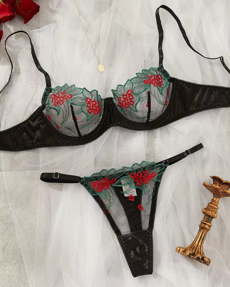 Chic Colorblock Floral Embroidered Underwire Mesh Bra Set