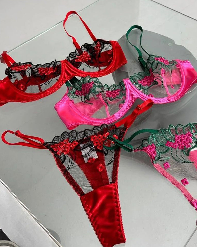 Chic Colorblock Floral Embroidered Underwire Mesh Bra Set
