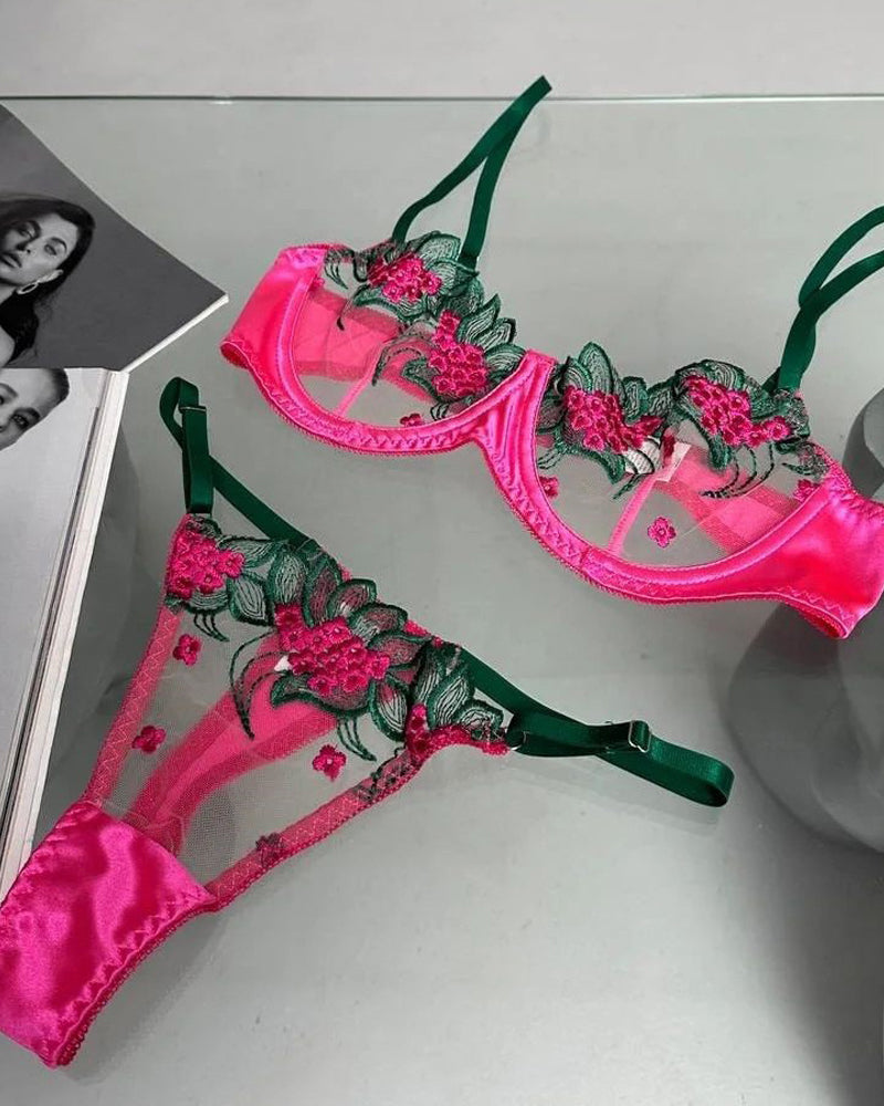 Chic Colorblock Floral Embroidered Underwire Mesh Bra Set