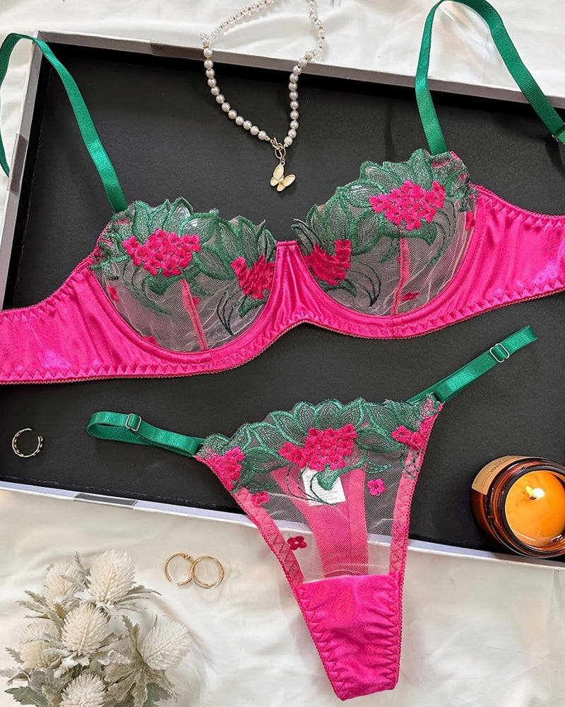 Chic Colorblock Floral Embroidered Underwire Mesh Bra Set