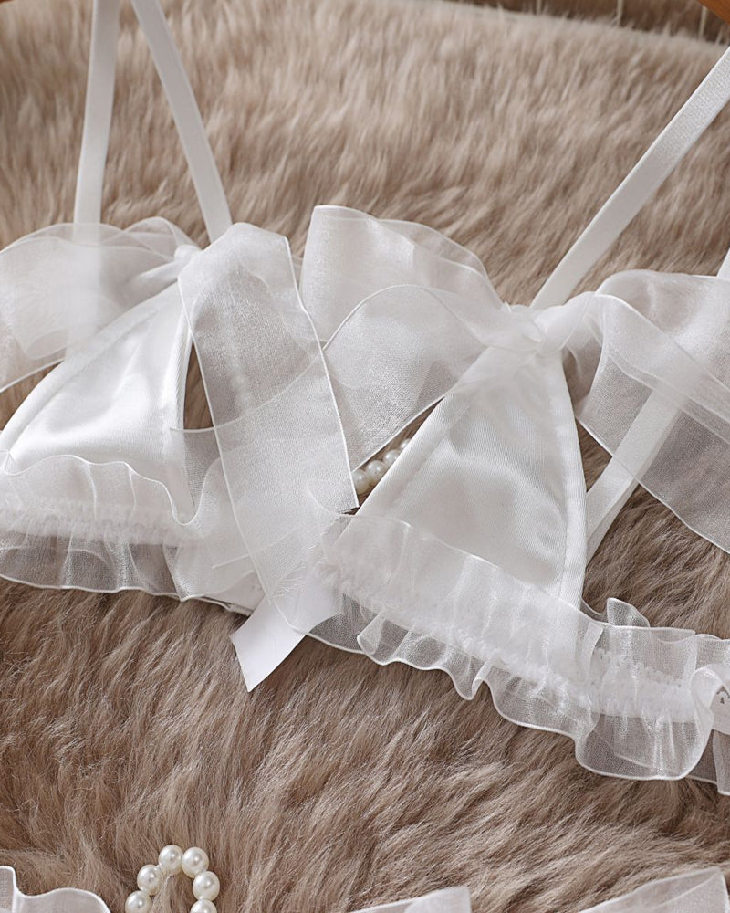 Lingerie Set with Lace Mesh, Bow Tie, and Pearl Accents