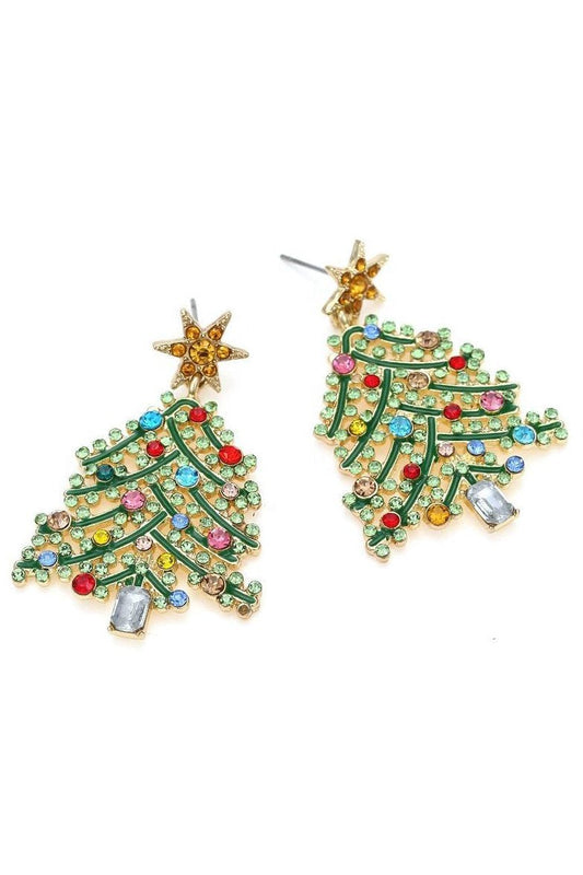 Sparkling Rhinestone Christmas Tree Dangle Earrings