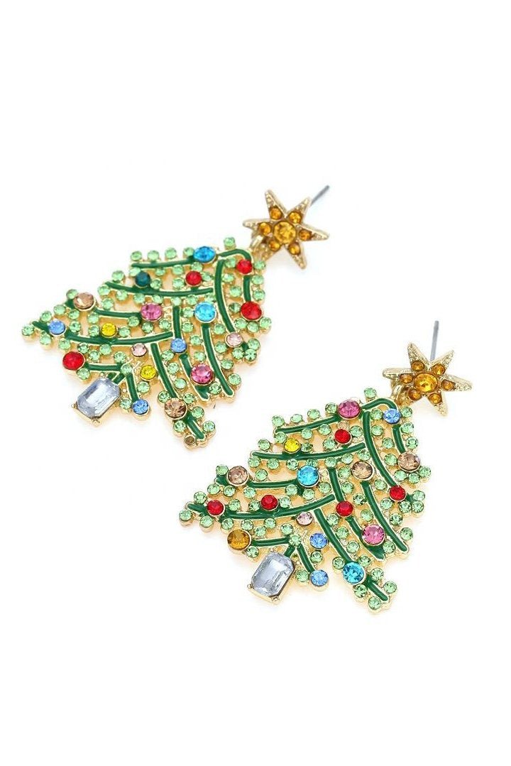 Sparkling Rhinestone Christmas Tree Dangle Earrings