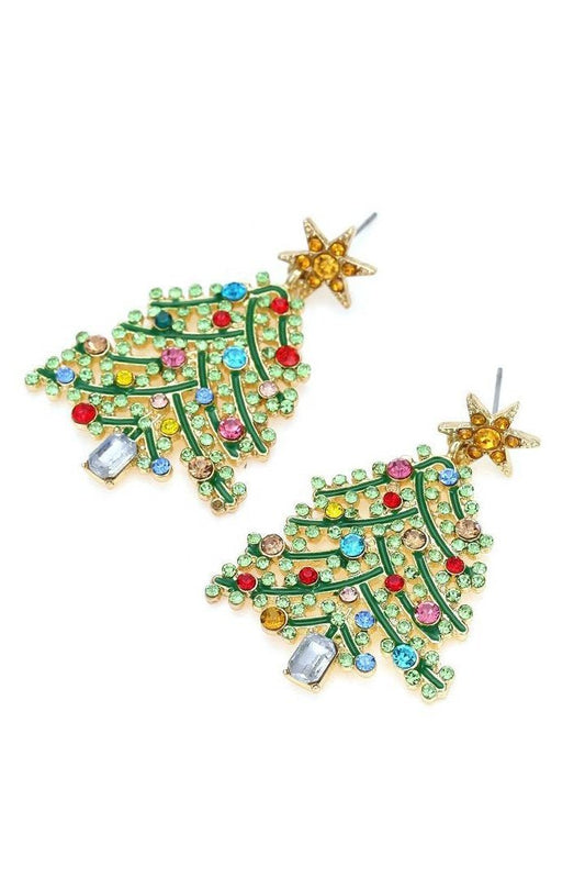 Sparkling Rhinestone Christmas Tree Dangle Earrings