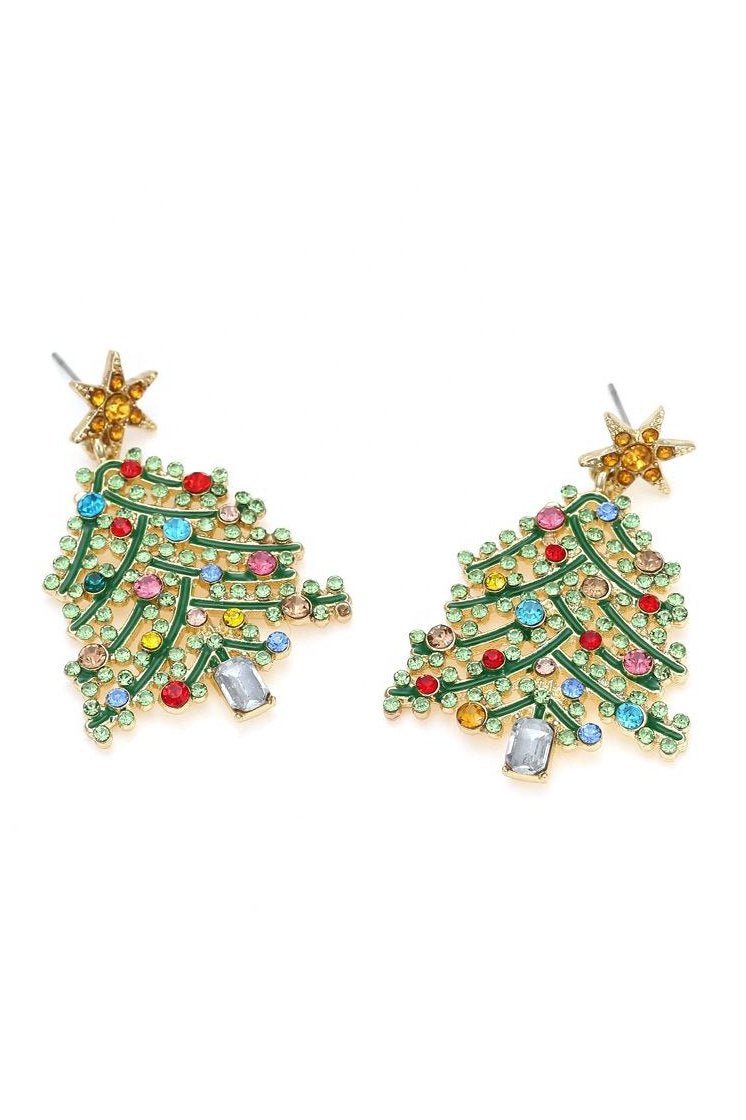 Sparkling Rhinestone Christmas Tree Dangle Earrings