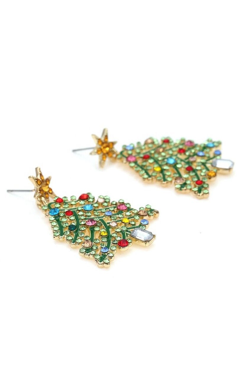 Sparkling Rhinestone Christmas Tree Dangle Earrings
